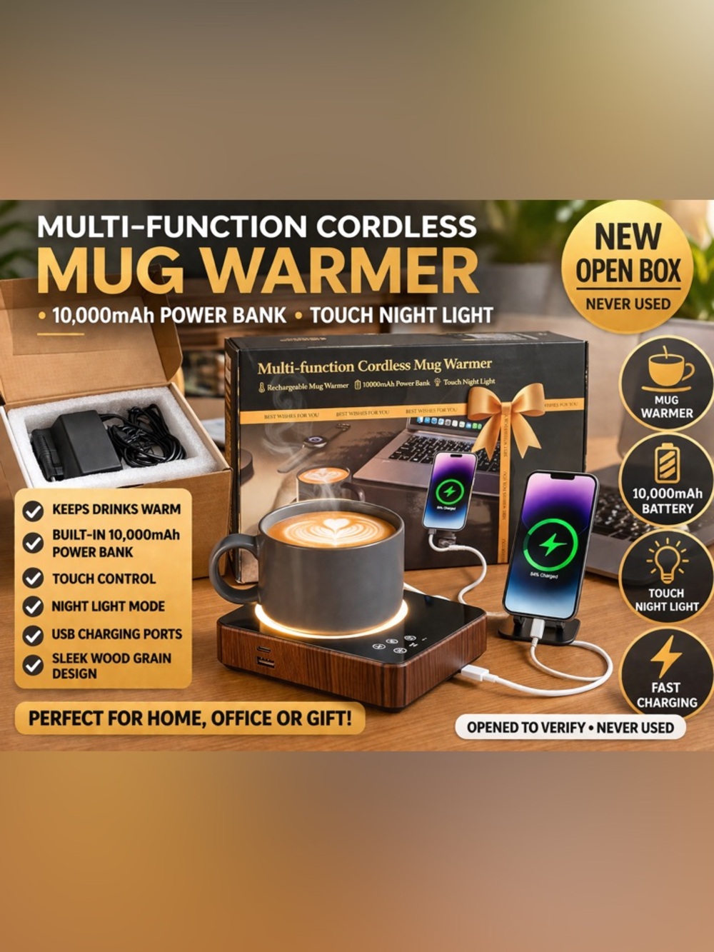 Cordless Mug Warmer + Power Bank 10,000mAh | Desk Coffee Heater | New Open Box